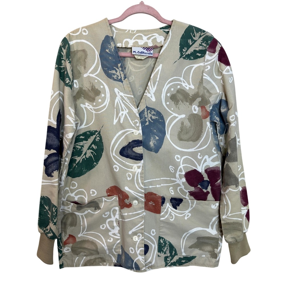 80s PL California Abstract Art Print‎ Jacket Small Made USA Painter Smock